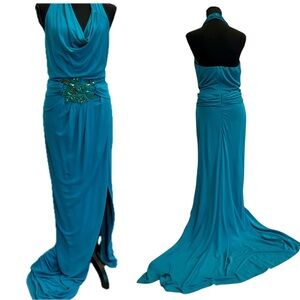 Badgley Mischka teal blue draped cowl halter neck open back maxi dress gem jewel